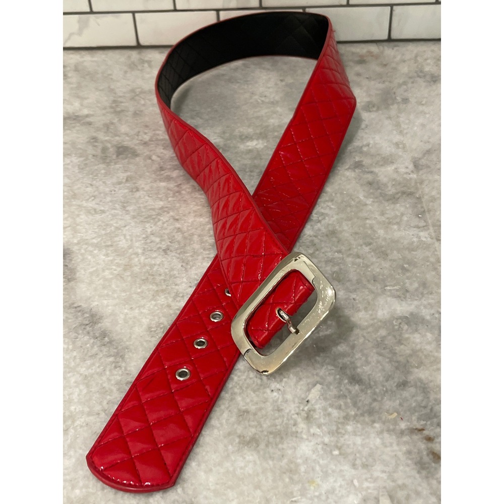 Vintage Belt Women L Red Quilted Patent Wide Silver Buckle Statement Accessory